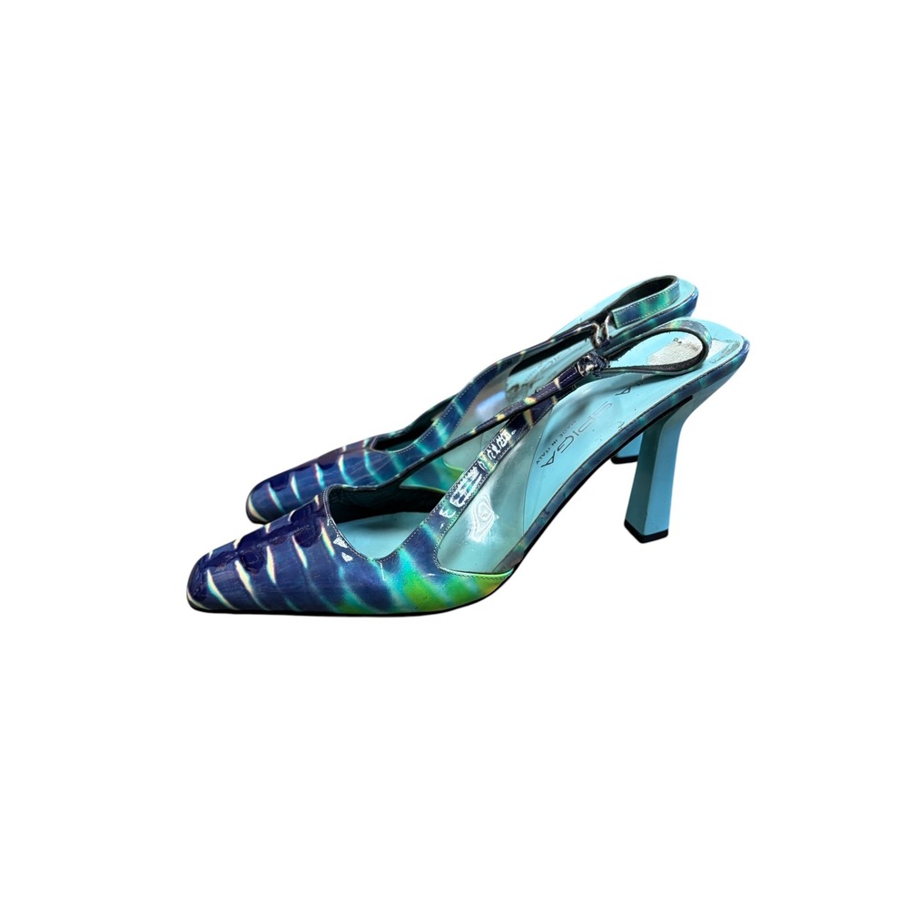 Vintage Via Spiga Tie Dye Patent Leather Slingback Heels Blue Green Size 7.5